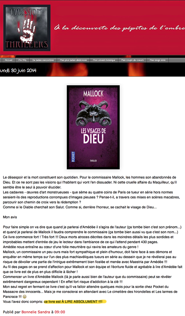 Passion Thrillers: "les visages de Dieu" Mallock (Pocket)