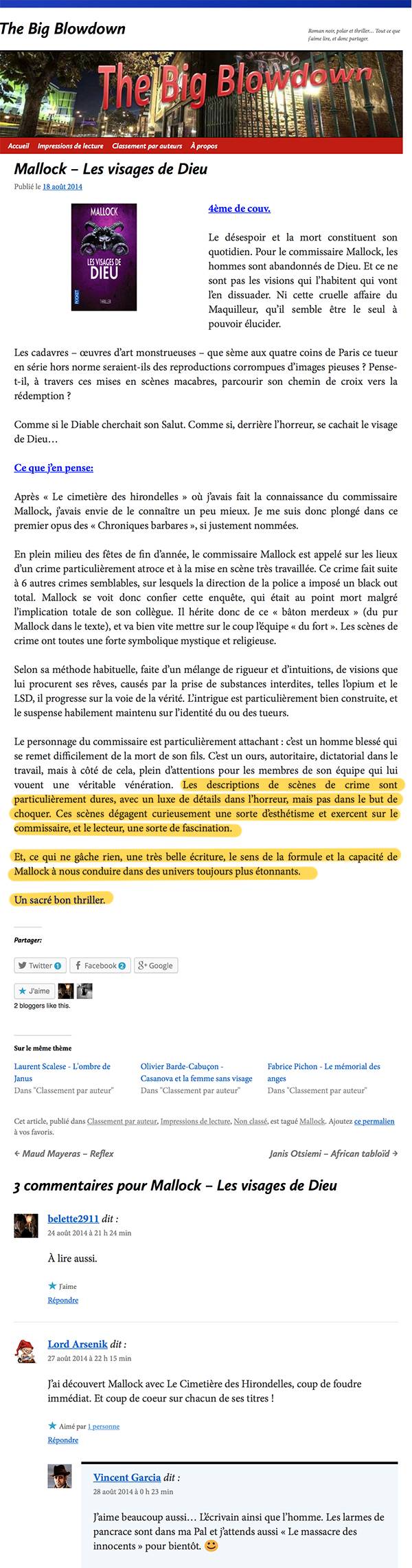 4ème de couv. Le désespoir et la mort constituent son quotidien. Pour le commissaire Mallock, les hommes sont abandonnés de Dieu. Et ce ne sont pas les visions qui l'habitent qui vont l'en dissuader. Ni cette cruelle affaire du Maquilleur, qu'il semble être le seul à pouvoir élucider. Les cadavres – œuvres d'art monstrueuses –…