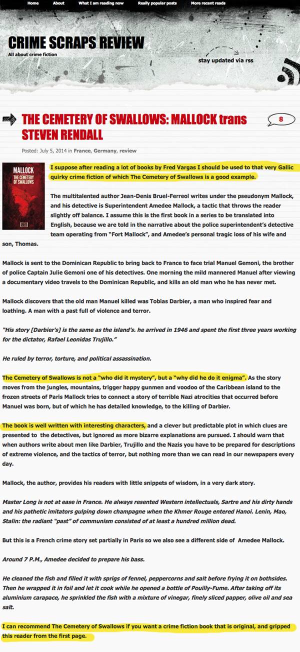THE CEMETERY OF SWALLOWS: MALLOCK trans STEVEN RENDALL | CRIME SCRAPS REVIEW